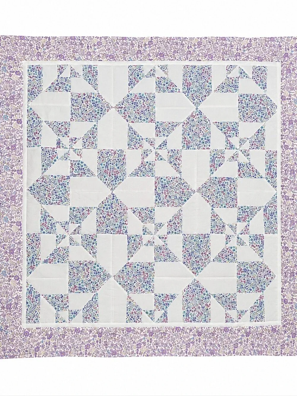Handmade Unfinished Quilt Top Blue Floral White Lavender Border Patchwork 37 3/4